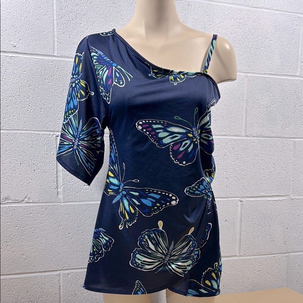 Navy Blue Butterfly Print One-Shoulder Top​​
